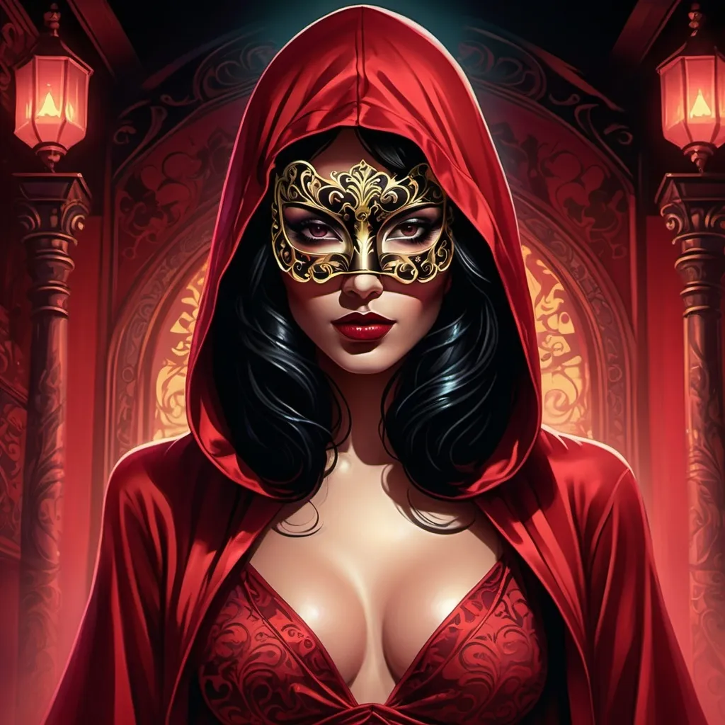 Prompt: Comic style, Masque of the Red Death, Beautiful woman with black hair dressed in a crimson nightgown and hood and wearing a mask, nightclub background, HD