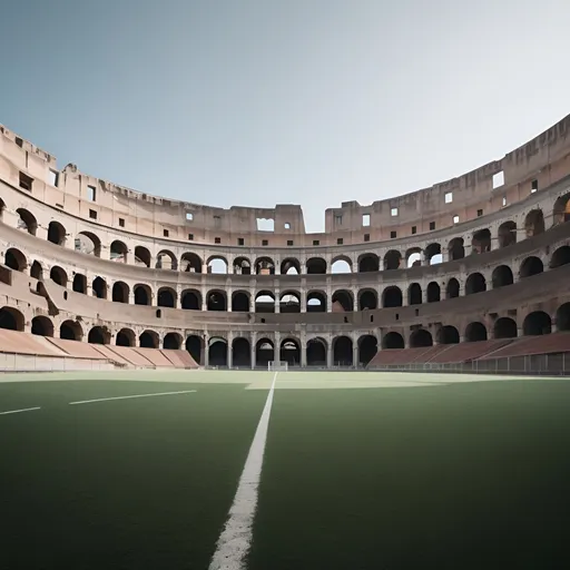 Prompt: realistic close up minimalist photograph of a colosseum 
with a soccer field inside