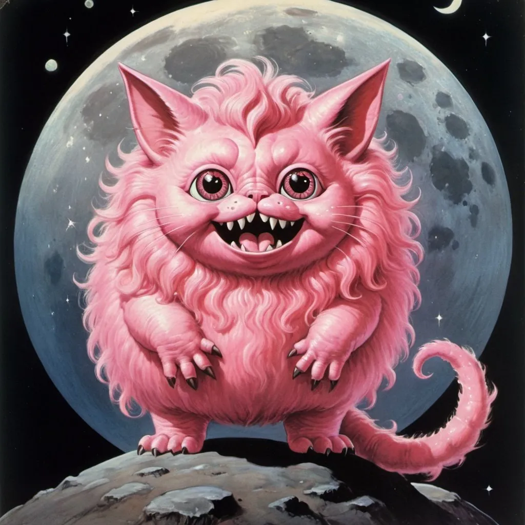 Prompt: 1970s Dark fantasy book cover, screen grab from 1983 Labrynth movie, painting art of a round pink creature with tiny eyes and fluffy curly wooly hair and two arms and two legs, small mouth with snaggle tooth, large cat like ears with brown tips, clefairy pokemon, on the moon