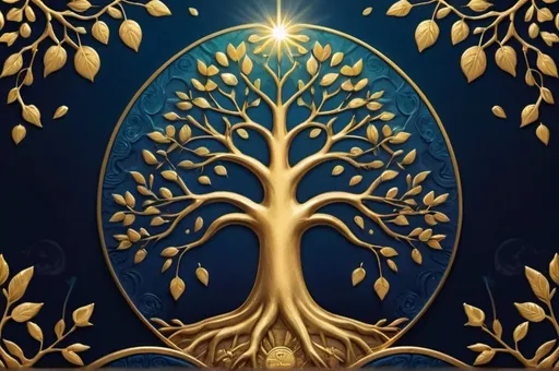 Prompt: The background should have a gradient from deep blue at the top to soft gold at the bottom, with a slight glow in the center. The main image should feature a detailed tree with leaves made of gold coins, symbolizing growth and prosperity, centered in the cover. Rays of golden light should be falling on the tree, emphasizing divine blessing. 