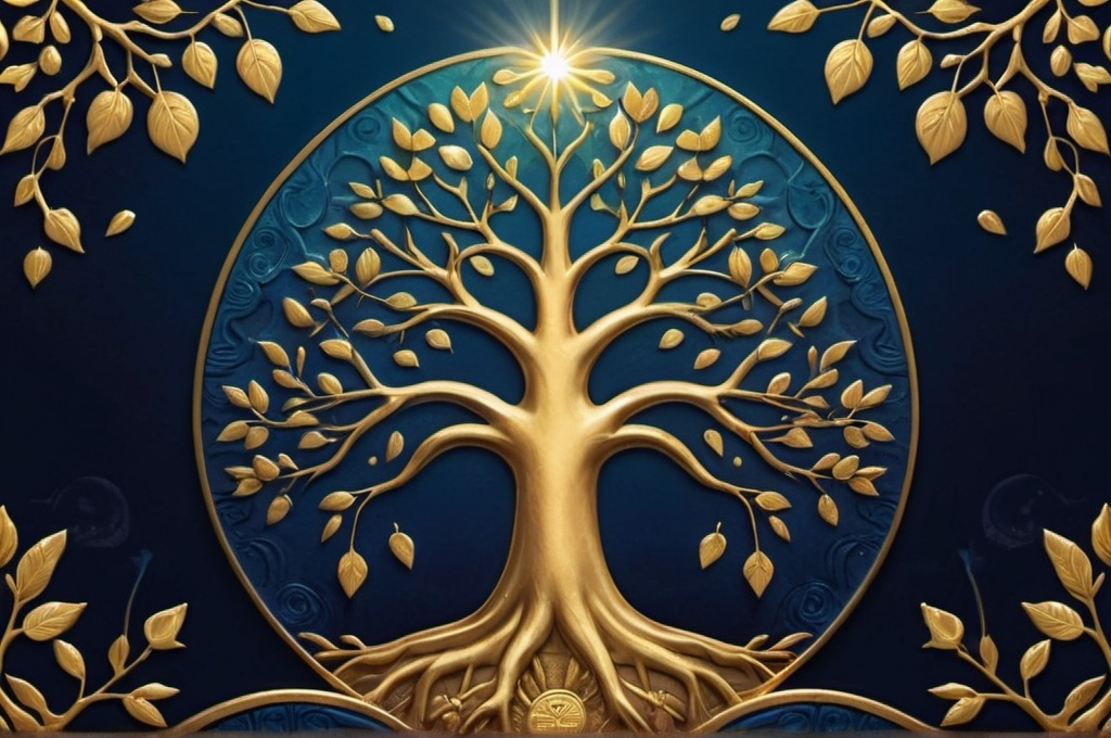 Prompt: The background should have a gradient from deep blue at the top to soft gold at the bottom, with a slight glow in the center. The main image should feature a detailed tree with leaves made of gold coins, symbolizing growth and prosperity, centered in the cover. Rays of golden light should be falling on the tree, emphasizing divine blessing. 