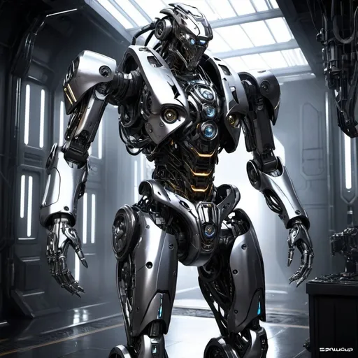 Prompt: Create a highly detailed,full body shot high-resolution image of a humanoid mech with a sleek, futuristic design. The mech should have an intense black and silver color scheme, with sparkling neon lights and LED lights for eyes. The design should be ultra-detailed, emphasizing the metallic sheen and intricate mechanical parts. The environment should feature atmospheric lighting, enhancing the futuristic sci-fi ambiance. The overall appearance should be dynamic and professional.