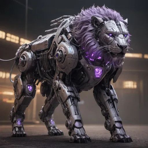 Prompt: Create a highly detailed, high-resolution image of a mech lion with a sleek, futuristic design. The lion mech should have an intense black and purple color scheme, with sparkling neon lights and LED lights for eyes. The design should emphasize a powerful, majestic build with intricate mechanical details. The environment should feature atmospheric lighting, enhancing the metallic sheen and dynamic appearance of the lion mech.