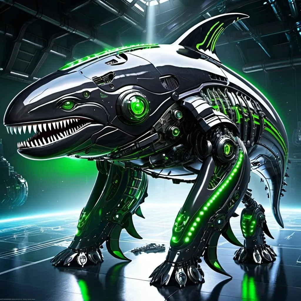 Prompt: Create a highly detailed, high-resolution image of a mech whale with a sleek, futuristic design. The whale mech should have an intense black and green color scheme, with sparkling neon lights and LED lights for eyes. The design should emphasize the majestic, streamlined body of a whale with intricate mechanical details. The environment should feature atmospheric lighting, highlighting the metallic sheen and futuristic sci-fi ambiance.