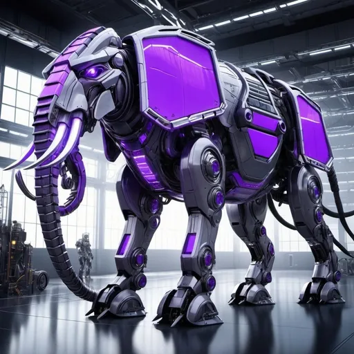 Prompt: Create a highly detailed, high-resolution image of a mech mammoth with a sleek, futuristic design. The kangaroo mech should have an intense silver and purple color scheme, with sparkling neon lights and LED lights for eyes. The design should emphasize the strong, agile build of a kangaroo with intricate mechanical details. The environment should feature atmospheric lighting, highlighting the metallic sheen and futuristic sci-fi ambiance.