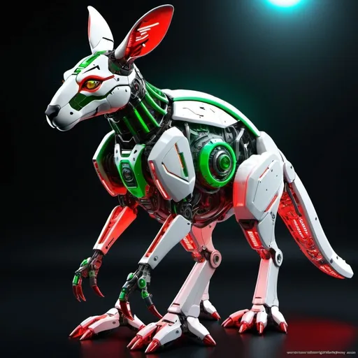 Prompt: Create a highly detailed, high-resolution image of a mech kangaroo stand up with a sleek, futuristic design. The kangaroo mech should have an intense red and green color scheme, with sparkling neon lights and LED lights for eyes. The design should emphasize the strong, agile build of a kangaroo with intricate mechanical details. The environment should feature atmospheric lighting, futuristic sci-fi ambiance.