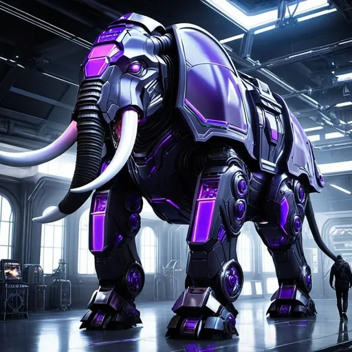 Prompt: Create a highly detailed, high-resolution image of a mech mammoth with a sleek, futuristic design. The mammoth mech should have an intense black and purple color scheme, with sparkling neon lights and LED lights for eyes. The design should emphasize the strong, agile build of a kangaroo with intricate mechanical details. The environment should feature atmospheric lighting, highlighting the metallic sheen and futuristic sci-fi ambiance.