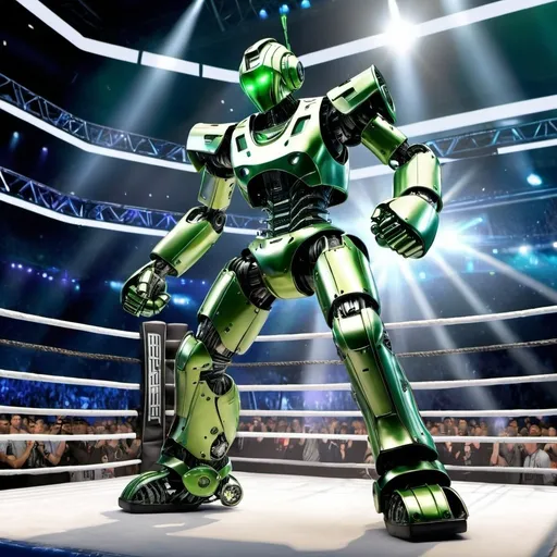 Prompt: A highly detailed, full-body shot of a 'Real Steel' boxing robot. The robot has a shredded physique, with defined musculature and a powerful, athletic build. Its body is predominantly black, with shiny green accents that highlight its contours and mechanical joints. The robot is posed in an action stance, ready for combat in a futuristic boxing ring. The environment is well-lit, enhancing the metallic sheen and reflections on its surface, giving it a realistic and dynamic appearance. The background features elements of a high-tech arena, with crowds and holographic displays adding to the atmosphere.

