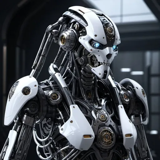 Prompt: Create a highly detailed, high-resolution image of a humanoid mech with a sleek, futuristic design. The mech should have an intense black and silver color scheme, with sparkling neon lights and LED lights for eyes. The design should be ultra-detailed, emphasizing the metallic sheen and intricate mechanical parts. The environment should feature atmospheric lighting, enhancing the futuristic sci-fi ambiance. The overall appearance should be dynamic and professional.