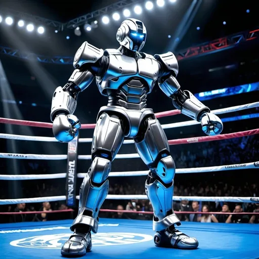 Prompt: A highly detailed, full-body shot of a 'Real Steel' boxing robot. The robot has a bodybuilder-like physique, with pronounced muscles and a powerful, athletic build. Its body is predominantly silver, with shiny blue accents that highlight its contours and mechanical joints. The robot is posed in muay thai stance, ready for combat in a futuristic boxing ring. The environment is well-lit, enhancing the metallic sheen and reflections on its surface, giving it a realistic and dynamic appearance. The background features elements of a high-tech arena, holographic displays adding to the atmosphere.

