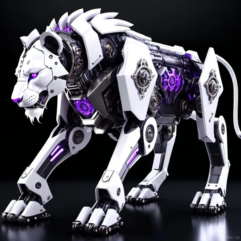 Prompt: Create a highly detailed, high-resolution image of a mech lion with a sleek, futuristic design. The lion mech should have an intense black and purple color scheme, with sparkling neon lights and LED lights for eyes. The design should emphasize a powerful, majestic build with intricate mechanical details. The environment should feature atmospheric lighting, enhancing the metallic sheen and dynamic appearance of the lion mech.