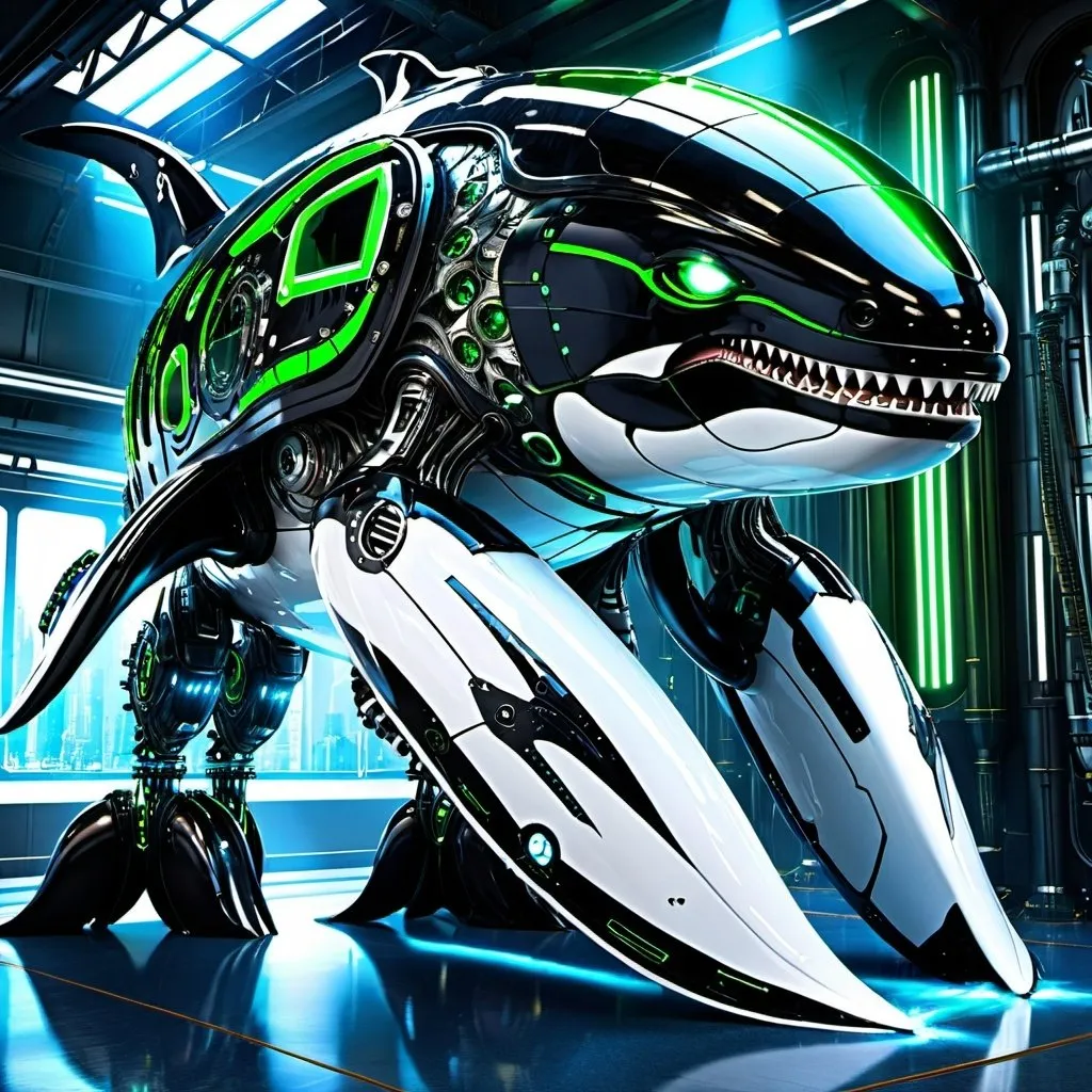 Prompt: Create a highly detailed, high-resolution image of a mech whale with a sleek, futuristic design. The whale mech should have an intense black and green color scheme, with sparkling neon lights and LED lights for eyes. The design should emphasize the majestic, streamlined body of a whale with intricate mechanical details. The environment should feature atmospheric lighting, highlighting the metallic sheen and futuristic sci-fi ambiance.