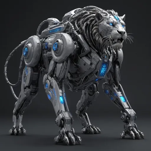 Prompt: Create a highly detailed, high-resolution image of a mech lion with a sleek, futuristic design. The lion mech should have an intense blue and purple color scheme, with sparkling neon lights and LED lights for eyes. The design should emphasize a powerful, majestic build with intricate mechanical details. The environment should feature atmospheric lighting, enhancing the metallic sheen and dynamic appearance of the lion mech.