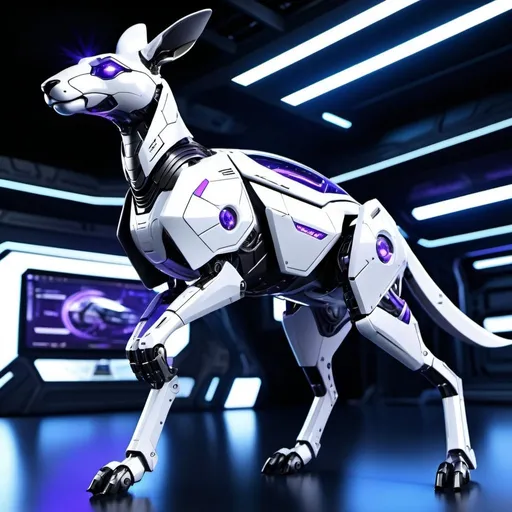Prompt: Create a highly detailed, high-resolution image of a mech kangaroo with a sleek, futuristic design. The kangaroo mech should have an intense silver and purple color scheme, with sparkling neon lights and LED lights for eyes. The design should emphasize the strong, agile build of a kangaroo with intricate mechanical details. The environment should feature atmospheric lighting, highlighting the metallic sheen and futuristic sci-fi ambiance.