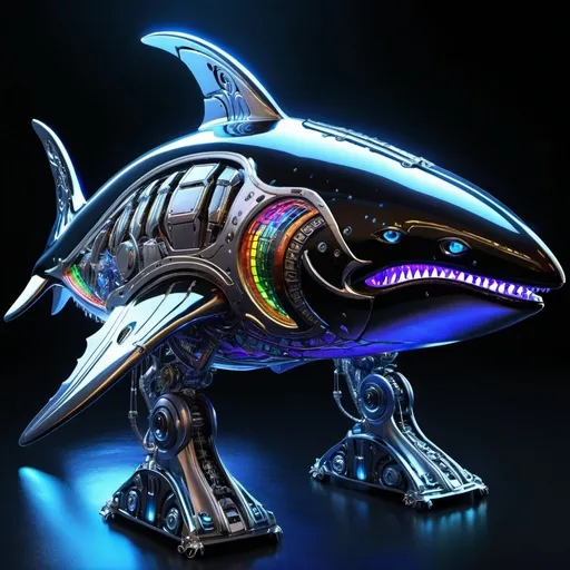 Prompt: Create a highly detailed, high-resolution image of a mech whale with a sleek, futuristic design. The whale mech should have an intense black and rainbow color scheme, with sparkling neon lights and LED lights for eyes. The design should emphasize the majestic, streamlined body of a whale with intricate mechanical details. The environment should feature atmospheric lighting, highlighting the metallic sheen and futuristic sci-fi ambiance.