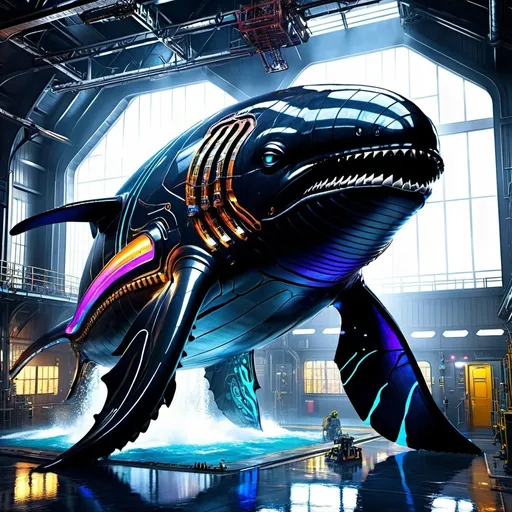 Prompt: Create a highly detailed, high-resolution image of a mech whale with a sleek, futuristic design. The whale mech should have an intense black and rainbow color scheme, with sparkling neon lights and LED lights for eyes. The design should emphasize the majestic, streamlined body of a whale with intricate mechanical details. The environment should feature atmospheric lighting, highlighting the metallic sheen and futuristic sci-fi ambiance.