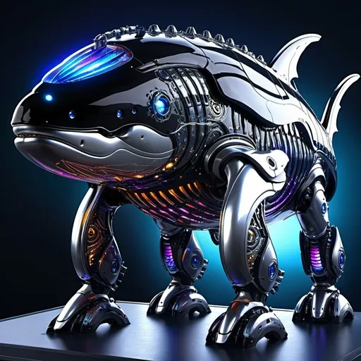 Prompt: Create a highly detailed, high-resolution image of a mech whale with a sleek, futuristic design. The whale mech should have an intense black and rainbow color scheme, with sparkling neon lights and LED lights for eyes. The design should emphasize the majestic, streamlined body of a whale with intricate mechanical details. The environment should feature atmospheric lighting, highlighting the metallic sheen and futuristic sci-fi ambiance.