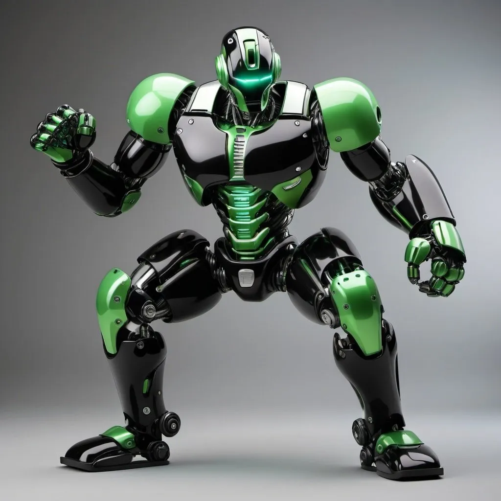 Prompt: Create a full-body shot of a real steel boxing robot. The robot should have a sleek, shredded physique, exuding strength and power. The primary color of the robot is black with shiny green accents that highlight its muscular structure and joints.

Details:

Overall Appearance: The robot should have a strong, athletic build with defined muscles, resembling a shredded human physique.
Color Scheme:
Main Body: Black
Accents: Shiny green, used strategically to emphasize the contours of its muscles and joints.
Head Design: The head should be streamlined and helmet-like, integrating seamlessly with the rest of the body.
Boxing Gloves: The robot should be equipped with high-tech, futuristic boxing gloves, possibly with green glowing elements.
Pose: The robot should be in a dynamic boxing stance, ready for action, showcasing its strength and agility.
Background: A simple, neutral background to keep the focus on the robot. Consider using a subtle gradient or a sleek, metallic setting to complement the robot's design.

