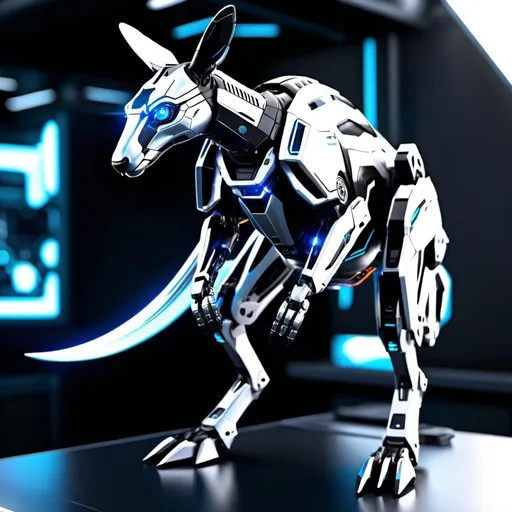 Prompt: Create a highly detailed, high-resolution image of a mech kangaroo with a sleek, futuristic design. The kangaroo mech should have an intense black and silver color scheme, with sparkling neon lights and LED lights for eyes. The design should emphasize the strong, agile build of a kangaroo with intricate mechanical details. The environment should feature atmospheric lighting, highlighting the metallic sheen and futuristic sci-fi ambiance.