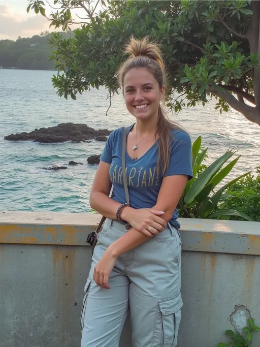 Prompt: With a warm smile, a young woman in a blue "SAHARIAN" shirt and matching cargo pants leans casually against a weathered yellow barrier, showcasing her relaxed demeanor. The backdrop features a stunning view of the serene ocean, its calm waters reflecting soft pastel hues of the sky as daylight begins to unfold. Lush greenery peeks from behind the barrier, adding a touch of nature to the scene, while the horizon is dotted with gentle clouds, indicating that it’s either early morning or late afternoon. The overall composition highlights the subject's vibrant attire and cheerful expression against a tranquil coastal landscape, evoking a sense of peace and joy.