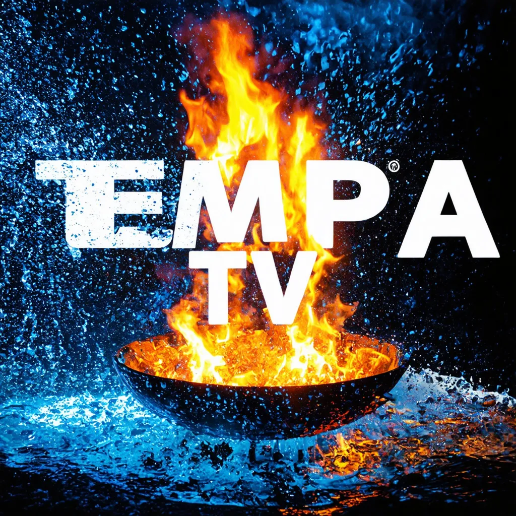 Prompt: the words "TEMPA TV" water fire