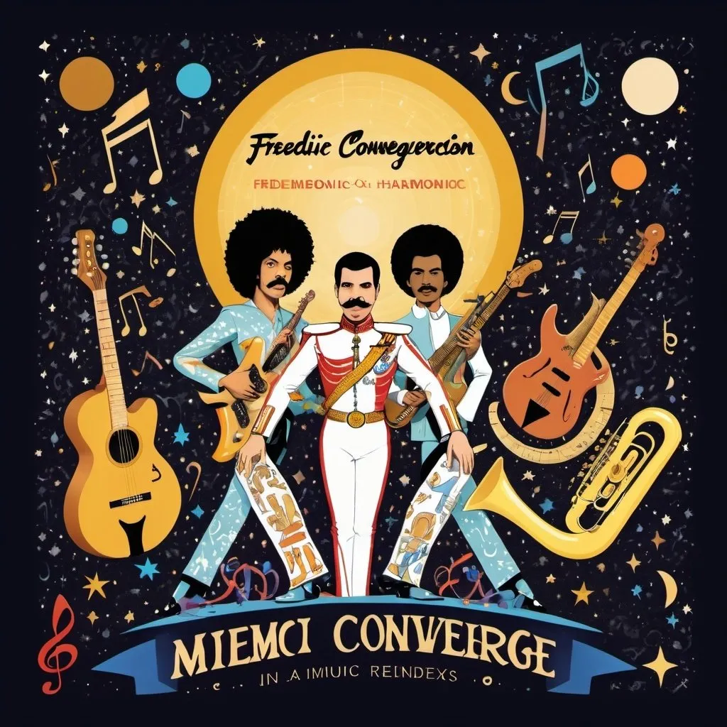Prompt: Starry night sky with a celestial glow.
Artistic renditions of Freddie Mercury, Jimi Hendrix, Beyoncé, surrounded by musical notes and instruments
Harmonic Convergence" in a bold, futuristic font at the top.
Harmonic Convergence" in a bold, futuristic font at the top.
