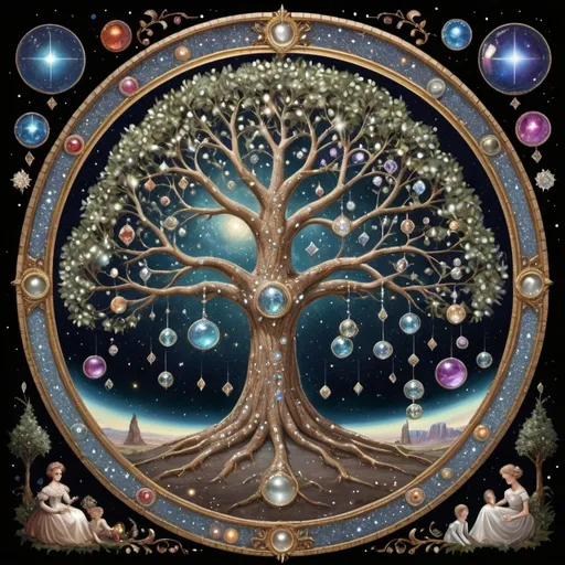 Prompt: family tree in foreground, Victorian style, surrounded by a triple circle of mirror mosaics, diamonds, gems and pearls, as if from interplanetary travel, background, cosmic universe, with planets, stars, andromeda nebula, diamonds, pearls, soap bubbles, the tree emits a glow