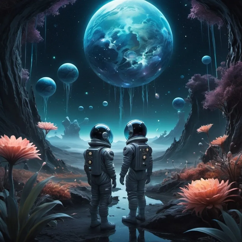 Prompt: A captivating illustration of young space explorers in futuristic spacesuits, discovering a new, mysterious planet. The children are surrounded by a surreal landscape filled with bioluminescent flora and fauna, emitting a soft, ethereal glow. The background features a cosmic backdrop with stars and galaxies. The atmosphere is a perfect harmony of nature and science, with the 432 Hz frequency resonating throughout the scene, impacting the planet's environment and the children's consciousness. The artwork combines elements of illustration, fashion, painting, and dark fantasy, creating a unique and enchanting visual experience., product, 3d render, anime, cinematic, photo, fashion, dark fantasy, illustration, painting