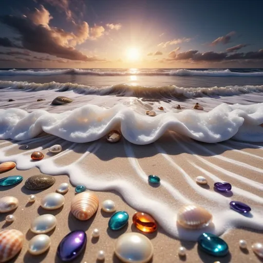 Prompt: Captivating high definition image of a windy seaside with a cosmic night sky. Shades of fantasy are reflected in the shimmering sea, creating a captivating illusion. Captured just 20cm above the sand, the unique perspective reveals a beach of multicolored stones, crystals, pearls, diamonds and an intricately detailed mix of 3D shells adorned with starfish, pearls and diamonds. The waves crash against the shore with white water foam, reflect the breathtaking skyscape, and as the sun drops below the horizon, a magical, dark fantasy unfolds. Light-bearing moths emerge, creating a mystical glow that enhances the already mesmerizing scene. Seashore, waves with white foam create a charming view of the sea with 20 cm high multi-colored stones and pearl shells. clouds and lace, 432hz, healing sound, healthy light, airy boba, pearls, diamonds and crystals, all in light source, 5D lamp., product, cinematic, fashion, 3d render, photo