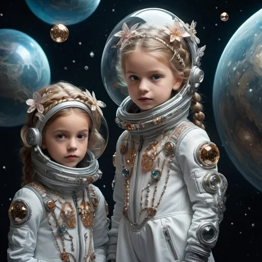 Prompt: Space explorers Children in spacesuits discover new planetsA captivating 3D render of space explorers, children in spacesuits, as they venture through the cosmos, discovering new planets. A mesmerizing portrait of a young forest fairy dressed in a Victorian-style gown adorned with mirrors and Swarovski crystals, exuding an otherworldly charm. The intricate dress, featuring diamond flowers and delicate filigrees resembling live diamond butterflies, is a masterpiece. Space explorers Children in spacesuits discover new planetsHer braided hair is intertwined with a net of diamonds and pearls. The background seamlessly blends cinematic and graffiti elements, creating an enchanting atmosphere that draws the viewer into her magical world. This stunning composition is a perfect fusion of portrait photography, cinema, fashion, and 3D render art.Space explorers Children in spacesuits discover new planets, graffiti, fashion, photo, cinematic, portrait photography, 3d render