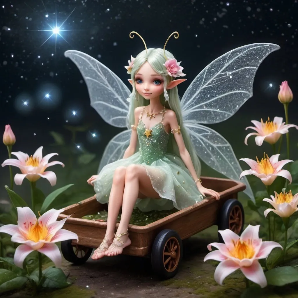 Prompt: universe colors, milky way, big and small star cart, cosmic, universe fantasy world 82K, everything is as small as in ant world, about 1 cm flower elf, very happy, smiling, on feet, slippers, tied with spider web thread, in hair dew beads, wearing a petal dress, a rose petal dress sitting in the middle of a lily and feeding a little dragon with pollen, a sparkling mist around, an aura of mystery, an elf with tiny glittering wings, a bee-sized fairy, a fantasy world, with a flower warbler hat on his head, small elf ears . All around a dewy glow, diamonds, pearls, a mist of lace.