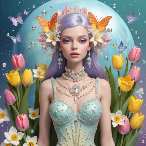 Prompt: Text: 8.march, Seamstress, modeler, dressmaker, exotic, cosmic flowers, out of this world, alien flowers, background shimmering pastel, like spring sunrise 3000PPI, pearls, diamonds, crystals, tulips 3D, daffodils 3D, snowdrops 3D, mimosas 3D and butterflies 5D.