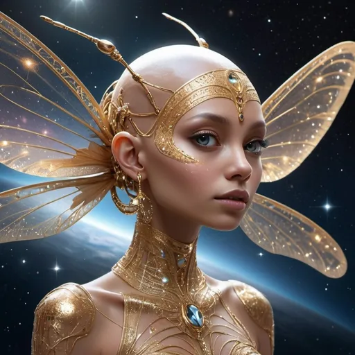 Prompt: visible alien, thin , taste, big beautiful eyes, face human, no hair, anatomically correct, beautiful, sophisticated, tattoos embedded in gold on the face, promoting development, wisdom, luck, body and face skin of pure mother-of-pearl, shining, covered with of fine diamond crystals, elegant, ultra-smart, wrapped in tulle-like glittering modern clothing with fluttering ribbons, dragonfly wings shimmering in the cosmic starlight, looking into the distance at the new, fantastically fine space station in the background behind a beautiful creature flying, soaring through space .