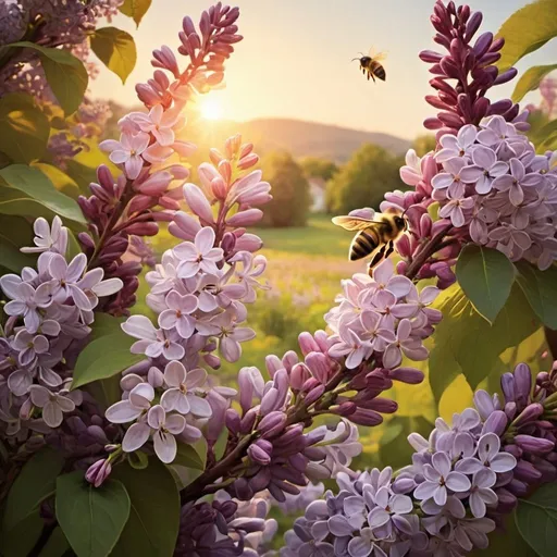 Prompt: the sun warms, happiness, lilacs bloom, bees fill their hives with honey, day turns to night