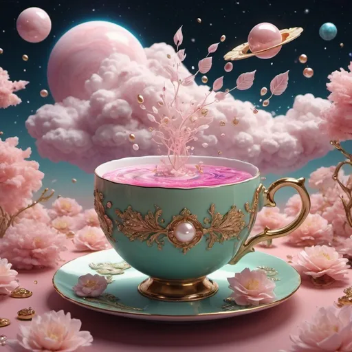 Prompt: Universe, sky, pink clouds, gas swirls, Flowers, trees, leaves Elves, delicate and small, delicate and beautiful, with glittering wings, exotic large flowers, cosmic, exotic plants, leaves, unusual colors, sparkling lights, fantastic, unusual, peaceful cosmic beings. Crystals., pearls, lace, vapor gas.. clouds and lace, 432hz, healing sound, healthy light, airy bob, pearls, diamonds and crystals 3000PDI, all in light source, 5D lamp. Luxurious Victorian lime blossom teacup 82K with saucer, falling gold leaves, solar system 3000PPI, warm knitted socks 82k, ultra HD, realistic, vibrant colors, highly detailed, UHD drawing, pen and ink, perfect composition, beautiful, detailed, insanely detailed octane renderings trend art station 8K art photo and planet change with cookies and candies spilling out of a mug 3D rendering anime product cinema painting fashion illustration 3D rendering, 3d render, painting, fashion, product, illustration