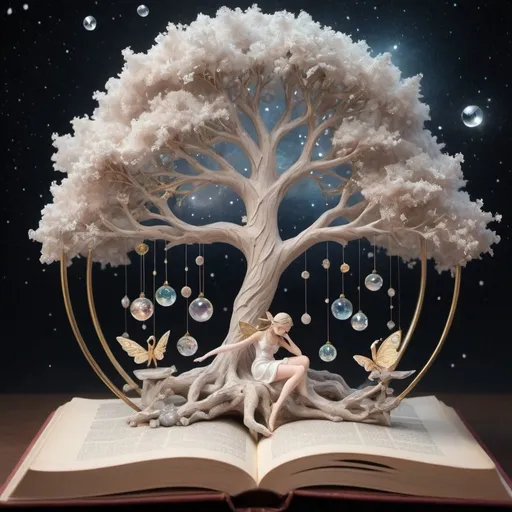 Prompt: clouds and lace, 432hz, healing sound, healthy light, airy boba, pearls, diamonds and crystals, all in light source, 5D lamp. open book, the book is open about halfway, the pages are supported by a small branch 82k, a small lamp is attached to the end of the branch 3000PDI, a lamp, a small cute fairy is sitting on the page of the book next to the branch 3000PPI, space, the universe is divided in half by an invisible, transparent plate, a sudden explosion splits it and the fragments spread throughout the universe in the air, the fragments reflect starlight, the light of the planets, gases, lacy fog columns wind through 82k, anime, painting, 3d render, cinematic, fashion, product, illustration. in the foreground, the tree of life, a tree surrounded by triangles, circles of different material, size and material, in a circle 3D 82K, mirror mosaics, diamonds, precious stones and pearls, as if from interplanetary travels. Two people passionately embracing the trunk, sculpture, hands in the air, bent, tree branches form from them, natural, artistic, cinema, photo, illustration, pastel tones, gray and white, creamy with gilded veins, marble, mixed different styles. Background, behind tree, space, cosmic universe, space colors, with planets, stars, gaseous, lace nebula, diamonds, pearls, soap bubbles, tree glows

