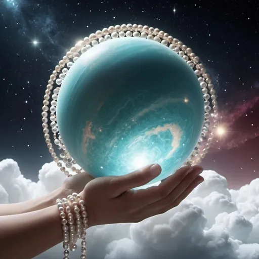 Prompt: Background: Space, universe, stars, planet. Hands folded as if praying, drinking water. 82K Stars and pearls and diamonds around 3000PPI, the whole world shines in the hands 3000PDI 82K Universe background, cosmic elements 3000PDI, planets, saturn uranus mars. Clouds like lace 3000PPI healthy light, pearls, diamonds and crystals, all in the light source, 5D lamp. Planet Uranus. 3000PDI. Fine fantasy world, 3D rendering, cinema, fashion, illustration, anime