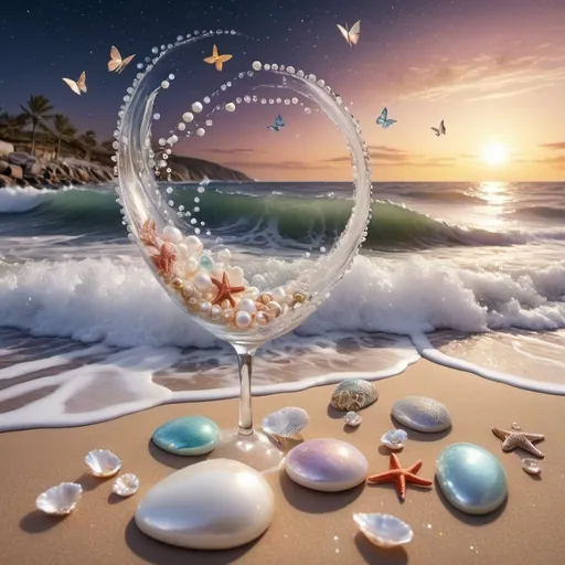 Prompt: Captivating high definition image of a windy seaside with a cosmic night sky. Shades of fantasy are reflected in the shimmering sea, creating a captivating illusion. Captured just 20cm above the sand, the unique perspective reveals a beach of multicolored stones, crystals, pearls, diamonds and an intricately detailed mix of 3D shells adorned with starfish, pearls and diamonds. The waves crash against the shore with white water foam, reflect the breathtaking skyscape, and as the sun drops below the horizon, a magical, dark fantasy unfolds. Light-bearing moths emerge, creating a mystical glow that enhances the already mesmerizing scene. Seashore, waves with white foam create a charming view of the sea with 20 cm high multi-colored stones and pearl shells. 
Text: Astrology, background shimmering pastel, like spring sunrise 3000PPI, open book, natal chart, stars, pearls, diamonds, crystals, tulips 3D, daffodils 3D, snowdrops 3D, mimosas 3D and butterflies 5D.