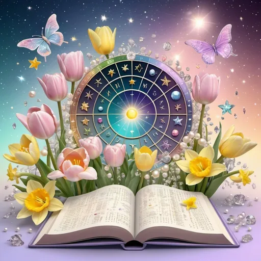 Prompt: Text: Astrology, background shimmering pastel, like spring sunrise 3000PPI, open book, natal chart, stars, pearls, diamonds, crystals, tulips 3D, daffodils 3D, snowdrops 3D, mimosas 3D and butterflies 5D.