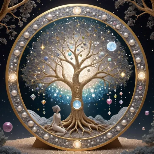 Prompt: louds and lace, 432hz, healing sound, healthy light, airy boba, pearls, diamonds and crystals, all in light source, 5D lamp. Tree of life in gold with sprinkles on the tree, inside the glowing circle, a cute window frame in a mirror mosaic in 3 layers, some pieces have fallen tossed in the foreground, magical starry space, glowing night, starry sky in the moonlight, sparkles magic property, hyper detail and AI super quality, hyper detail equipment, 32k, Accurate Anatomy, Enchant Color, Dynamic Lighting, illustration, painting, fashion, 3d render...  in the foreground, the tree of life, a tree surrounded by triangles, circles of different material, size and material, in a circle 3D 82K, mirror mosaics, diamonds, precious stones and pearls, as if from interplanetary travels. Two people passionately embracing the trunk, sculpture, hands in the air, bent, tree branches form from them, natural, artistic, cinema, photo, illustration, pastel tones, gray and white, creamy with gilded veins, marble, mixed different styles. Background, behind tree, space, cosmic universe, space colors, with planets, stars, gaseous, lace nebula, diamonds, pearls, soap bubbles, tree glows

