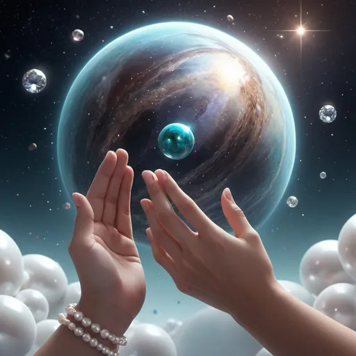 Prompt: universe, stars, planet, , hands together 82K, stars and pearls and diamonds in hands 3000PPI, the whole world in hands glitters 3000PDI 82K universe background, cosmic elements 3000PDI, planets, saturn uranus mars, clouds and lace 3000PPI, telescope healing sound, healthy light, airy boba, pearls, diamonds and crystals, all in light source, 5D lamp. Planet Uranus. The navel of the world. 3000PDI. Fate revolves around its axis, striving towards new discoveries. 3000PPI. Secrets a lot. Tarot cards. Smart dreams in the air. A subtle fantasy world, 3d render, cinematic, fashion, illustration, anime