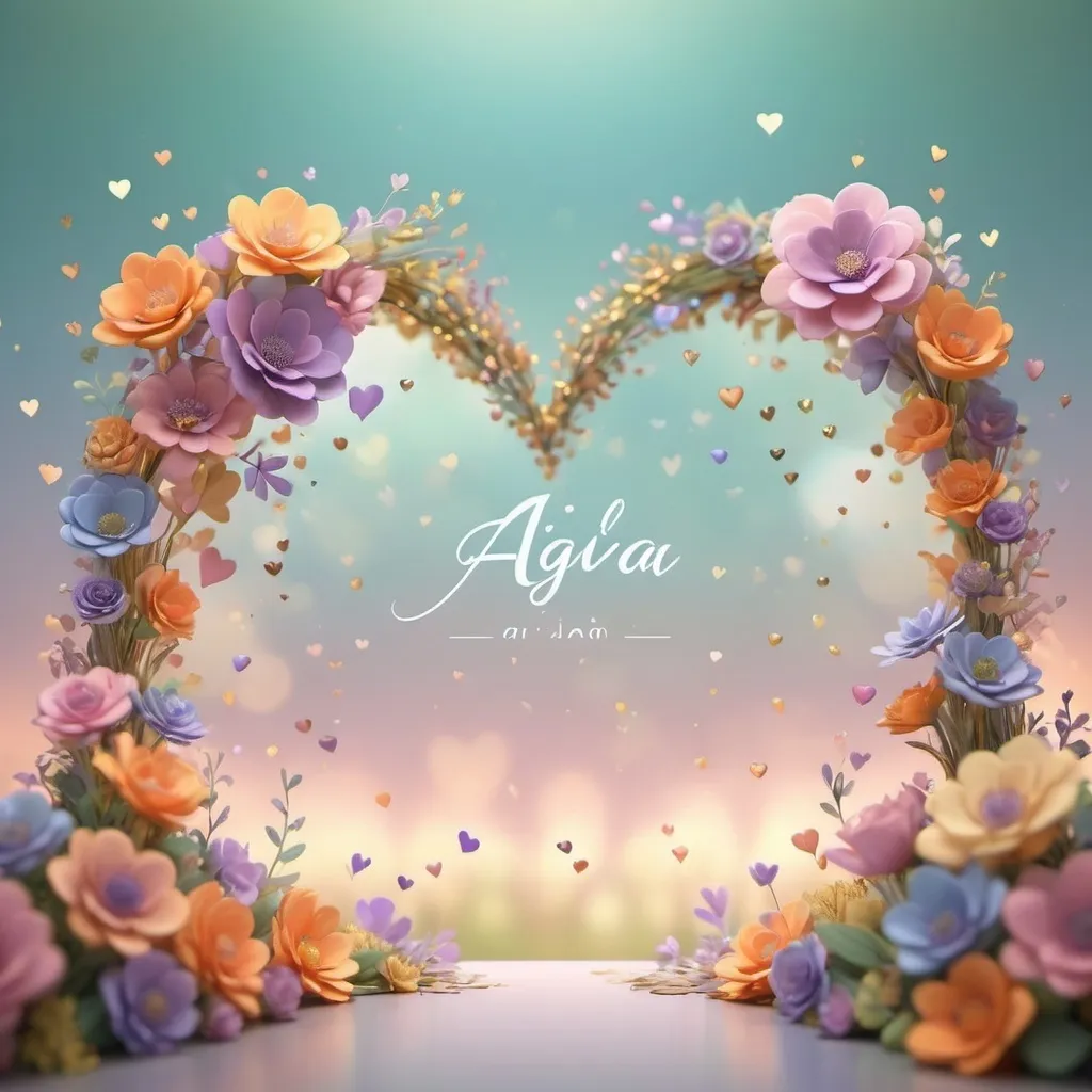 Prompt: Stunning pastel bokeh 3D rendering with little hearts that seem to pop out of the scene. The background is filled with soft, swirling fall color, a mix of soft orange, purple, blue, green and yellow. The hearts are shaped like small, delicate flowers, with the name "AIGA" written in cursive and metallic gold in the middle, giving the artwork a romantic touch. The overall atmosphere is whimsical and dreamy, with a touch of depth and dimension Aitana, 3d render