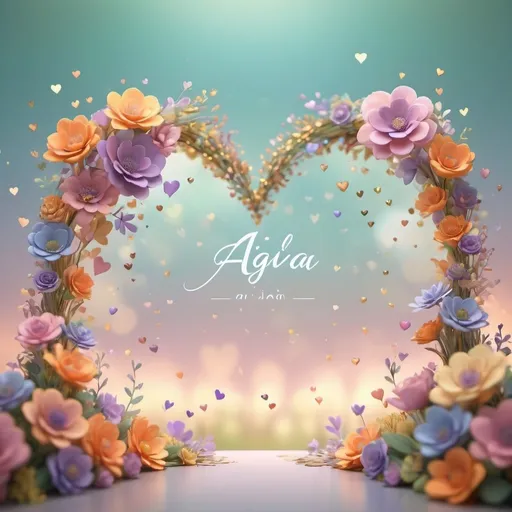 Prompt: Stunning pastel bokeh 3D rendering with little hearts that seem to pop out of the scene. The background is filled with soft, swirling fall color, a mix of soft orange, purple, blue, green and yellow. The hearts are shaped like small, delicate flowers, with the name "AIGA" written in cursive and metallic gold in the middle, giving the artwork a romantic touch. The overall atmosphere is whimsical and dreamy, with a touch of depth and dimension Aitana, 3d render