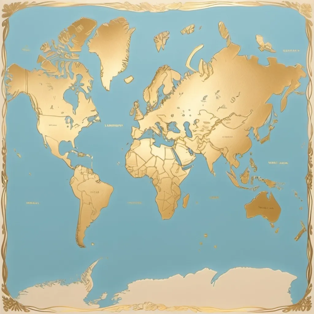 Prompt: World map in pastel colors, all possible shades of beige, drawn with pastels, lightly floated, country outlines in gold, contour borders in gold, ocean, world ocean light beige, ivory color