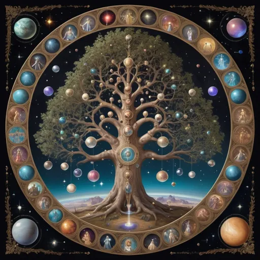 Prompt: family tree in foreground, renaissance style, surrounded, in a circle of mirrors and signs, as if from interplanetary travel, background, cosmic universe, with planets, stars, andromeda nebula, diamonds, pearls, soap bubbles, the tree emits a glow