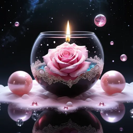 Prompt: clouds and lace, 432hz, healing sound, healthy light, airy boba, pearls, diamonds and crystals, all in light source, 5D lamp. black candle in another crystal rose with pink glow colorful planets against starry sky floating in water 3d rendering ana 3d rendering painting dynamic photo illustration, dark fantasy, architecture, anime, illustration, product, fashion, 3d render