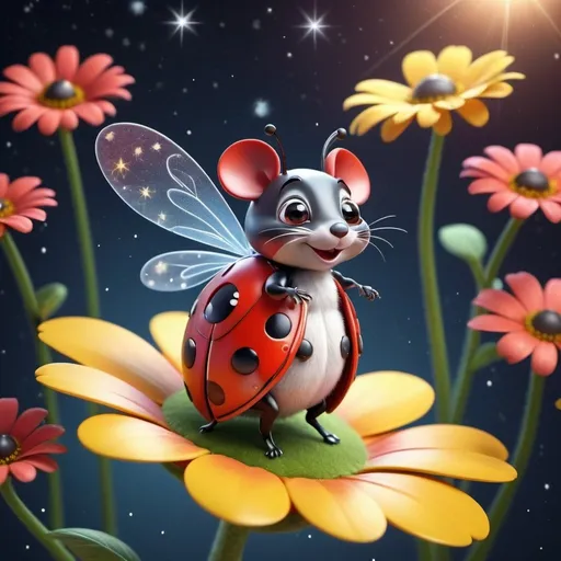 Prompt: Whimsical 3D rendering of a flying ladybug with a flower, bright and colorful, cute mouse sitting on a star, soft and cheerful, high quality, 3D rendering, whimsical, bright tones, detailed wings, adorable design, cute mouse, starry setting