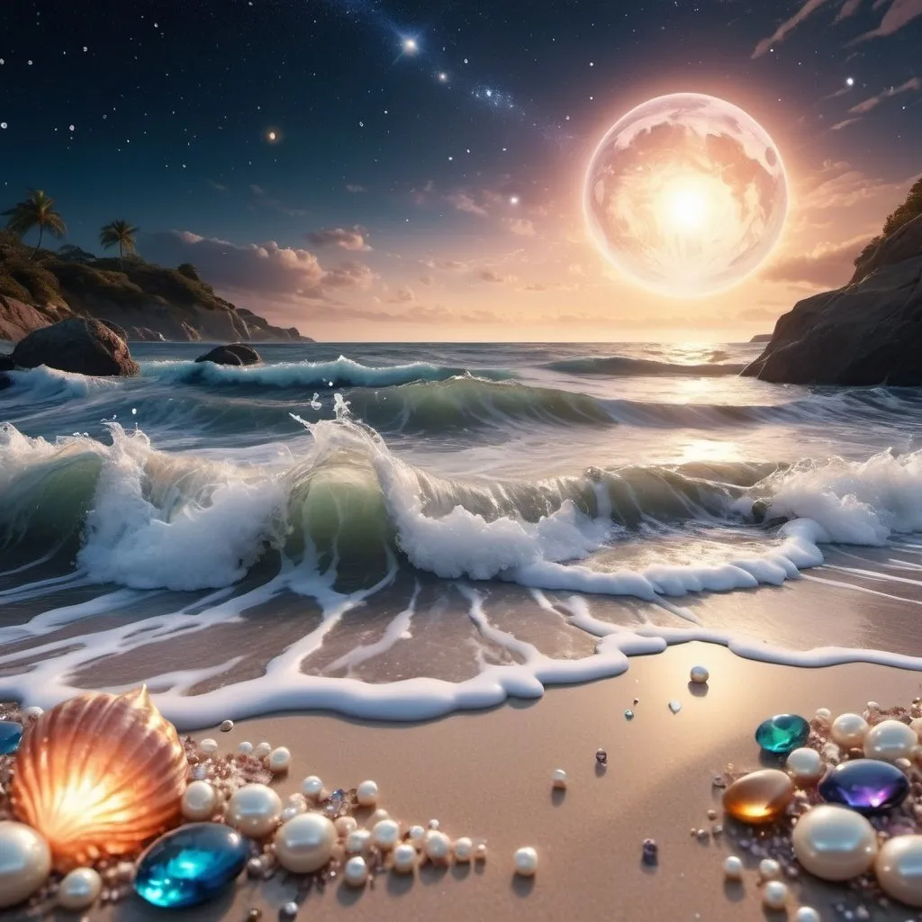 Prompt: Captivating high definition image of a windy seaside with a cosmic night sky. Shades of fantasy are reflected in the shimmering sea, creating a captivating illusion. Captured just 20cm above the sand, the unique perspective reveals a beach of multicolored stones, crystals, pearls, diamonds and an intricately detailed mix of 3D shells adorned with starfish, pearls and diamonds. The waves crash against the shore with white water foam, reflect the breathtaking skyscape, and as the sun drops below the horizon, a magical, dark fantasy unfolds. Light-bearing moths emerge, creating a mystical glow that enhances the already mesmerizing scene. Seashore, waves with white foam create a charming view of the sea with 20 cm high multi-colored stones and pearl shellsuniverse, stars, planet, , hands together 82K, stars and pearls and diamonds in hands 3000PPI, the whole world in hands glitters 3000PDI 82K universe background, cosmic elements 3000PDI, planets, saturn uranus mars, clouds and lace 3000PPI, telescope healing sound, healthy light, airy boba, pearls, diamonds and crystals, all in light source, 5D lamp. Planet Uranus. The navel of the world. 3000PDI. Fate revolves around its axis, striving towards new discoveries. 3000PPI. Secrets a lot. Tarot cards. Smart dreams in the air. A subtle fantasy world, 3d render, cinematic, fashion, illustration, anime