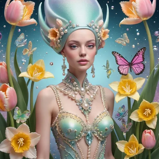 Prompt: Seamstress, modeler, dressmaker, exotic, cosmic flowers, out of this world, alien flowers, background shimmering pastel, like spring sunrise 3000PPI, pearls, diamonds, crystals, tulips 3D, daffodils 3D, snowdrops 3D, mimosas 3D and butterflies 5D.