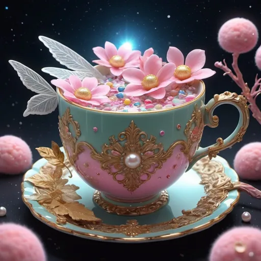 Prompt: Universe, sky, pink clouds, gas swirls, Flowers, trees, leaves Elves, delicate and small, delicate and beautiful, with glittering wings, exotic large flowers, cosmic, exotic plants, leaves, unusual colors, sparkling lights, fantastic, unusual, peaceful cosmic beings. Crystals., pearls, lace, vapor gas.. clouds and lace, 432hz, healing sound, healthy light, airy bob, pearls, diamonds and crystals 3000PDI, all in light source, 5D lamp. Luxurious Victorian lime blossom teacup 82K with saucer, falling gold leaves, solar system 3000PPI, warm knitted socks 82k, ultra HD, realistic, vibrant colors, highly detailed, UHD drawing, pen and ink, perfect composition, beautiful, detailed, insanely detailed octane renderings trend art station 8K art photo and planet change with cookies and candies spilling out of a mug 3D rendering anime product cinema painting fashion illustration 3D rendering, 3d render, painting, fashion, product, illustration